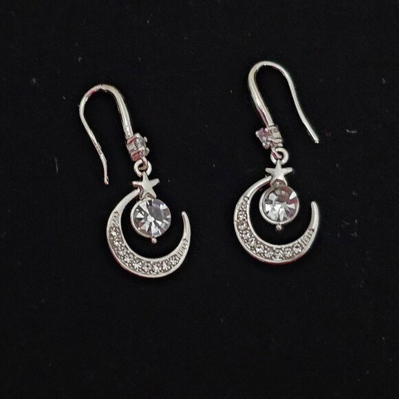 Silver Tone New Star Moon White Sapphire Dangle Earrings - Picture 1 of 7